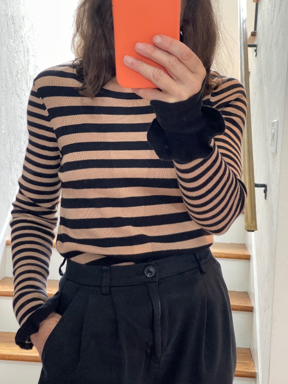 Cabi black and tan striped cotton knit long sleeve sweater women M